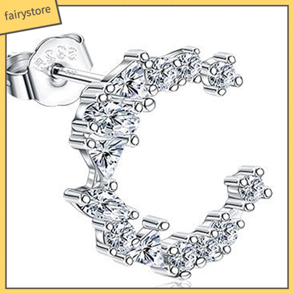 1 Đôi Bông Tai Bạc 925 Hình Mặt Trăng Đính Đá Zircon