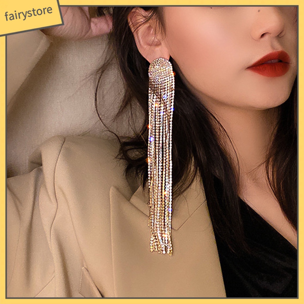 Bông Tai Dáng Dài Bằng Hợp Kim Đính Đá Lấp Lánh Thời Trang Cho Nữ