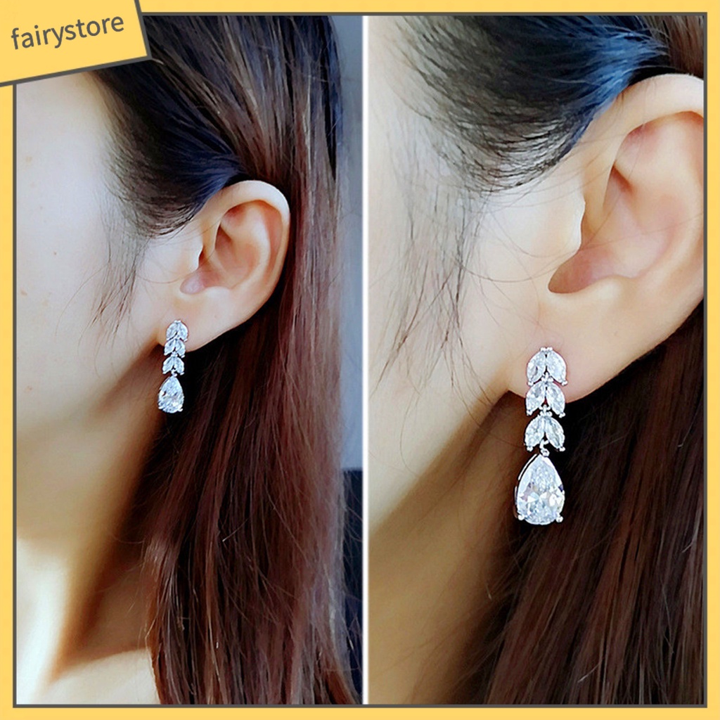 1 Đôi Bông Tai Hình Chiếc Lá Đính Đá Zircon Dành Cho Cô Dâu