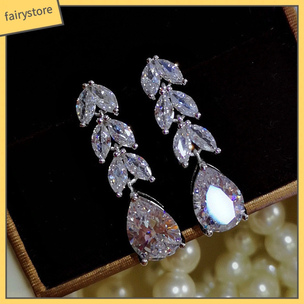 1 Đôi Bông Tai Hình Chiếc Lá Đính Đá Zircon Dành Cho Cô Dâu