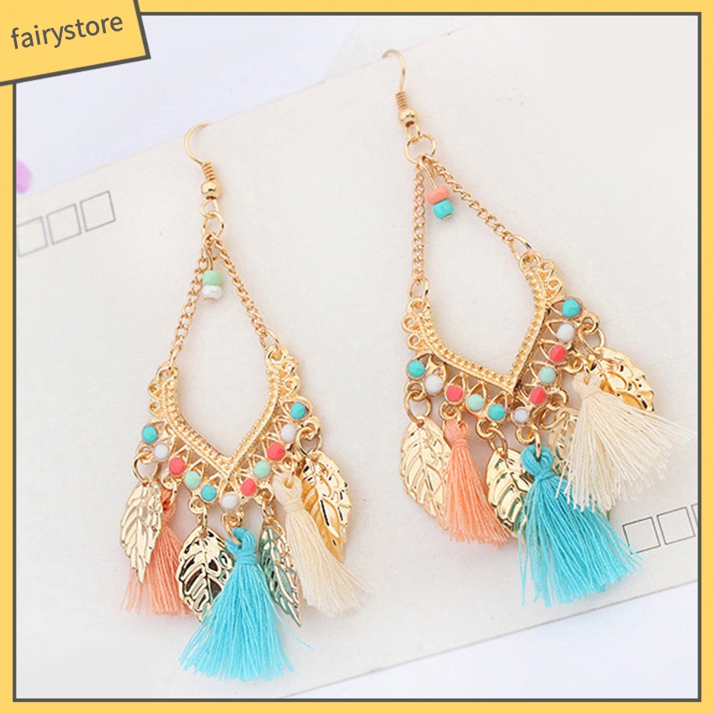 Bông Tai Dáng Dài Hình Chiếc Lá Bằng Kim Loại Phối Tua Rua Phong Cách Bohemian Thời Trang Cho Nữ