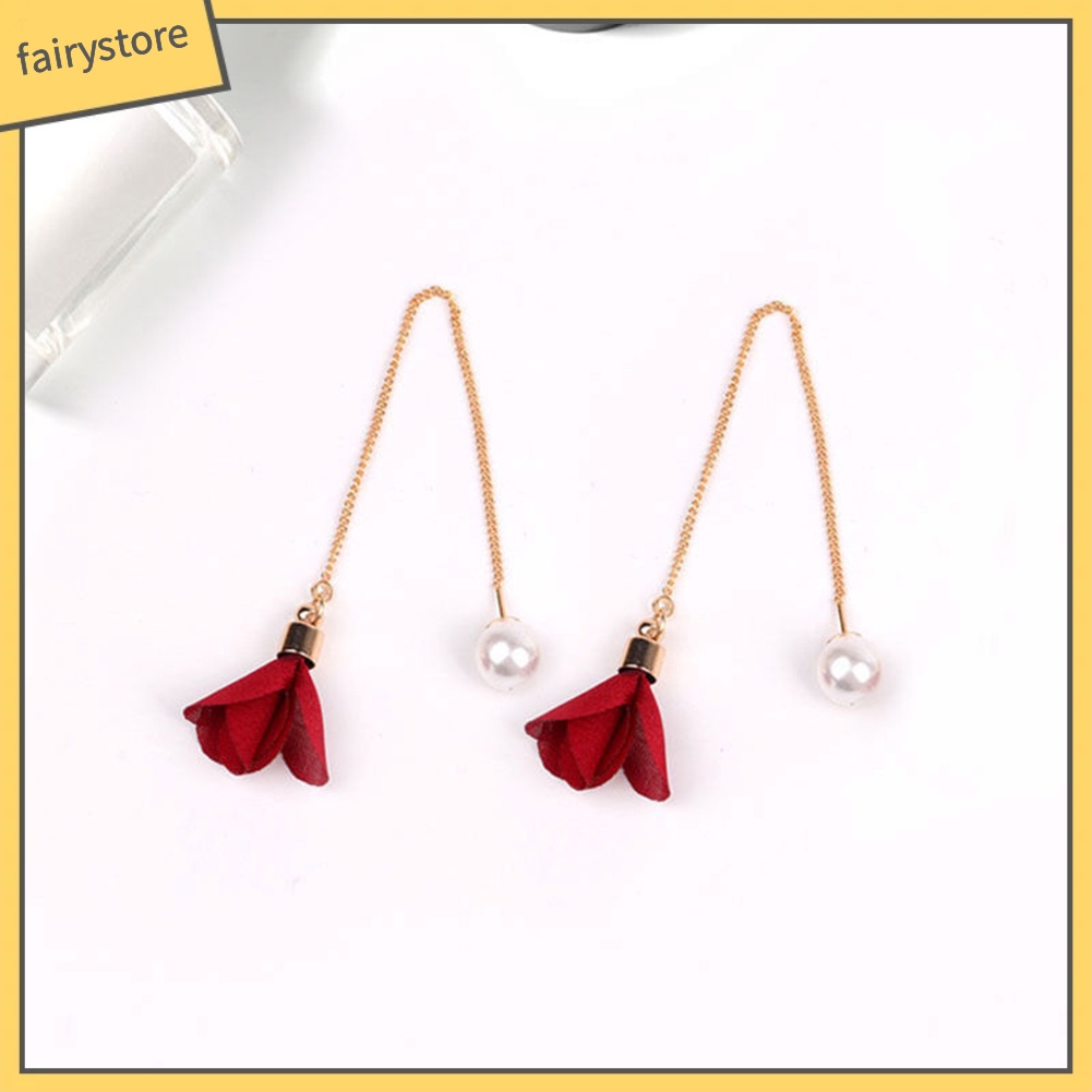 Khuyên Tai Chuỗi Dài Đính Hoa Ngọc Trai Nhân Tạo Thời Trang Cho Nữ