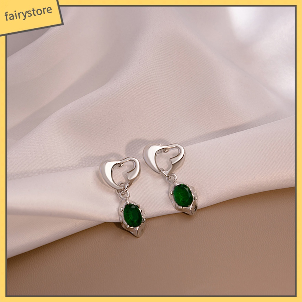 1 Đôi Bông Tai Hình Trái Tim Đính Đá Pha Lê Xanh Lá Phong Cách Retro