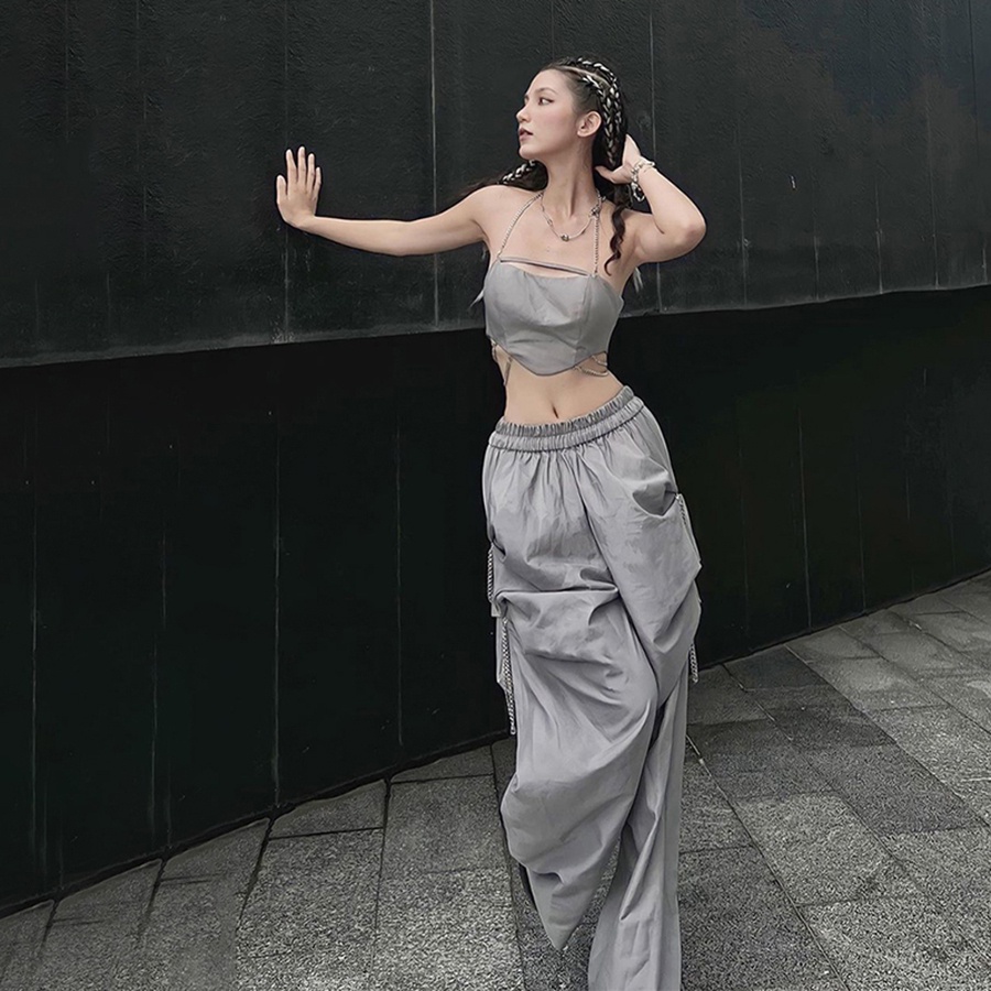 Klalien Set Áo Hai Dây Phối Dây Xích + Quần Dài Lưng Cao Ống Rộng Thời Trang Cá Tính Cho Nữ