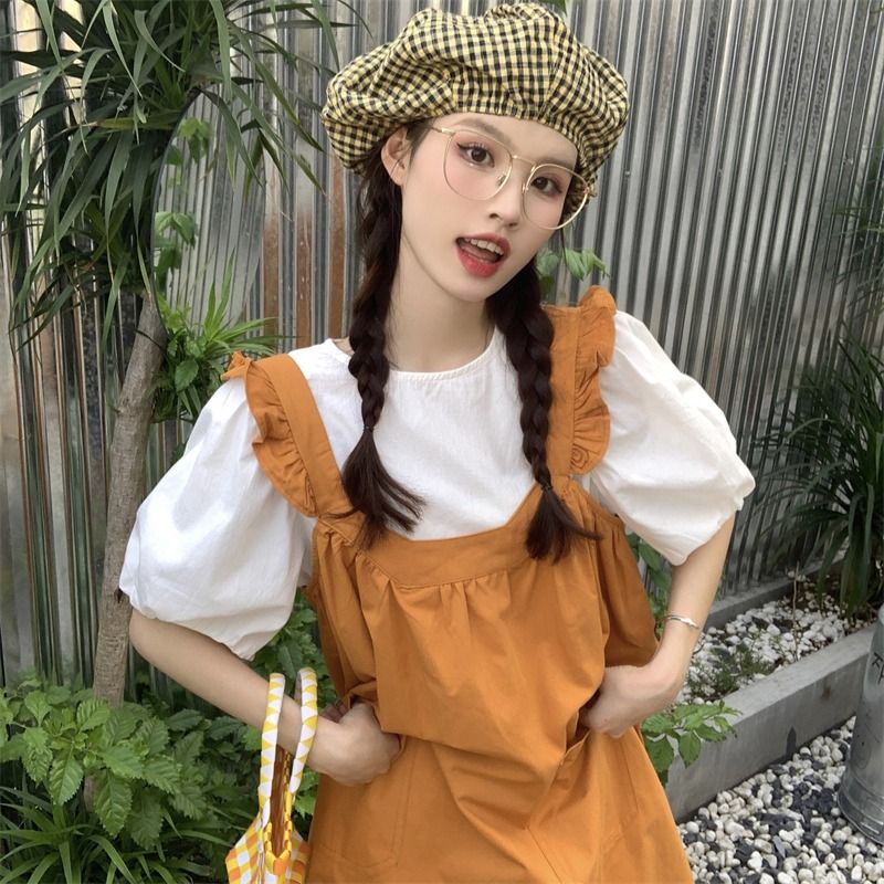 Set babydoll Đầm Yếm Lửng Hai Dây Dáng Rộng Phong Cách Preppy Dễ Thương Thời Trang Mùa Hè Dành Cho Nữ Sinh