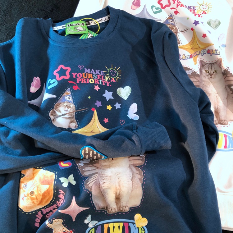 Áo sweater Tay Dài Cổ Tròn in Hình Mèo Dễ Thương Size 3XL Thời Trang Xuân Thu Cho Nam Và Nữ
