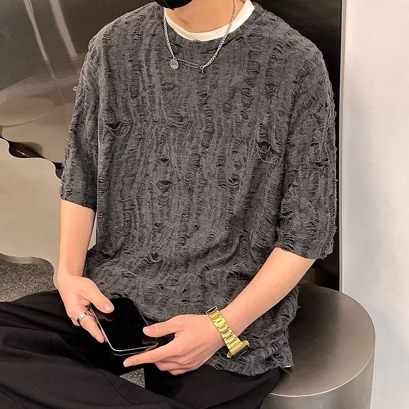 Áo Thun Cotton Tay Ngắn Dáng Rộng Phối Rách Kiểu Đường Phố Mỹ Thời Trang Mùa Hè Cho Nam