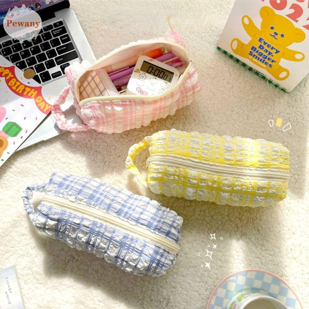 Túi Đựng Bút Mềm Mại Họa Tiết Sọc Caro Phong Cách Hàn Quốc