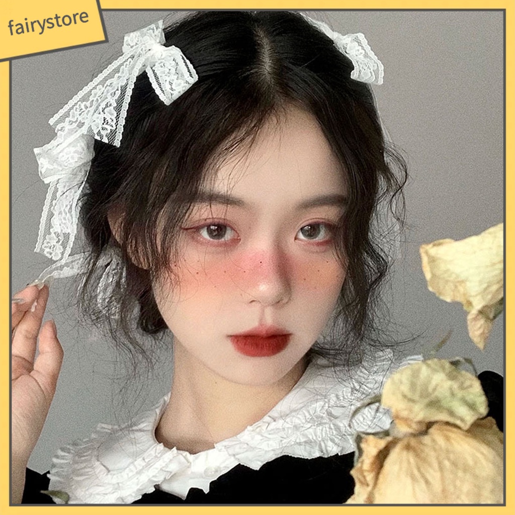 Set 3 / 4 / 6 Kẹp Tóc Nơ Phối Ren Thêu Họa Tiết Phong Cách Lolita Cho Nữ