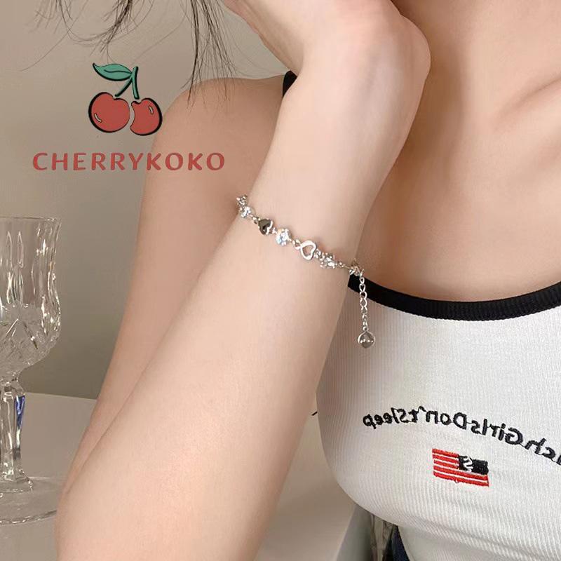 🍒🍒CHERRYKOKO Vòng Tay Bạc Đính Hạt Hình Trái Tim Rỗng Phong Cách Hàn Quốc Thời Trang Cho Nữ