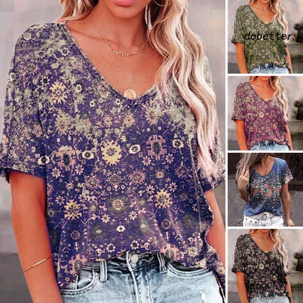 Áo Thun Tay Ngắn Cổ Chữ V In Họa Tiết Hoa 3D Phong Cách Đường Phố Thời Trang Mùa Hè Cho Nữ