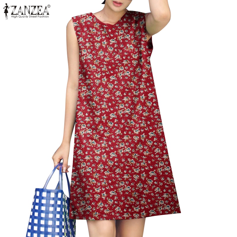 Zanzea Đầm Nữ Cộc Tay Cổ Tròn Xẻ Tà Thời Trang Hàn