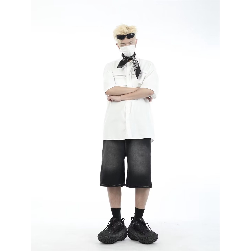 Áo Sơ Mi Ngắn Tay Dáng Rộng Phối Khóa Kéo Cá Tính Theo Phong Cách Đường Phố Mỹ Dành Cho Nam Và Nữ