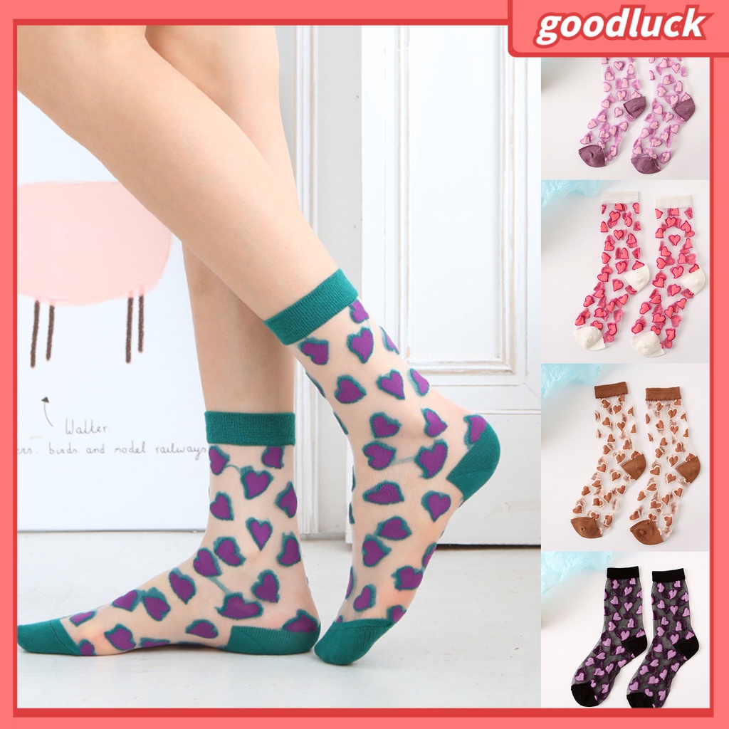 1 Đôi Tất Lụa Thủy Tinh Trong Suốt Co Giãn Chống Trượt Họa Tiết Trái Tim Cho Nữ