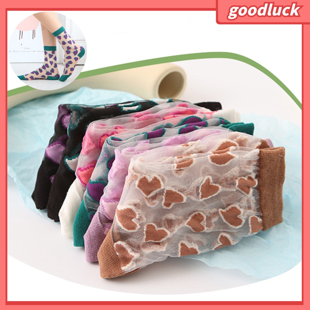 1 Đôi Tất Lụa Thủy Tinh Trong Suốt Co Giãn Chống Trượt Họa Tiết Trái Tim Cho Nữ