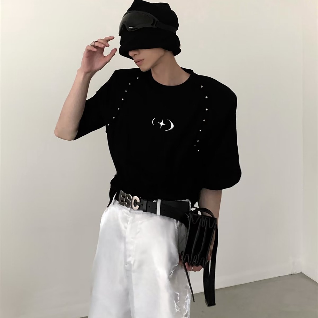 Áo Thun Cotton Tinh Khiết Tay Ngắn Thiết Kế Đường Viền Hạt Kim Loại Đơn Giản Dễ Phối Đồ Mùa Hè Nich