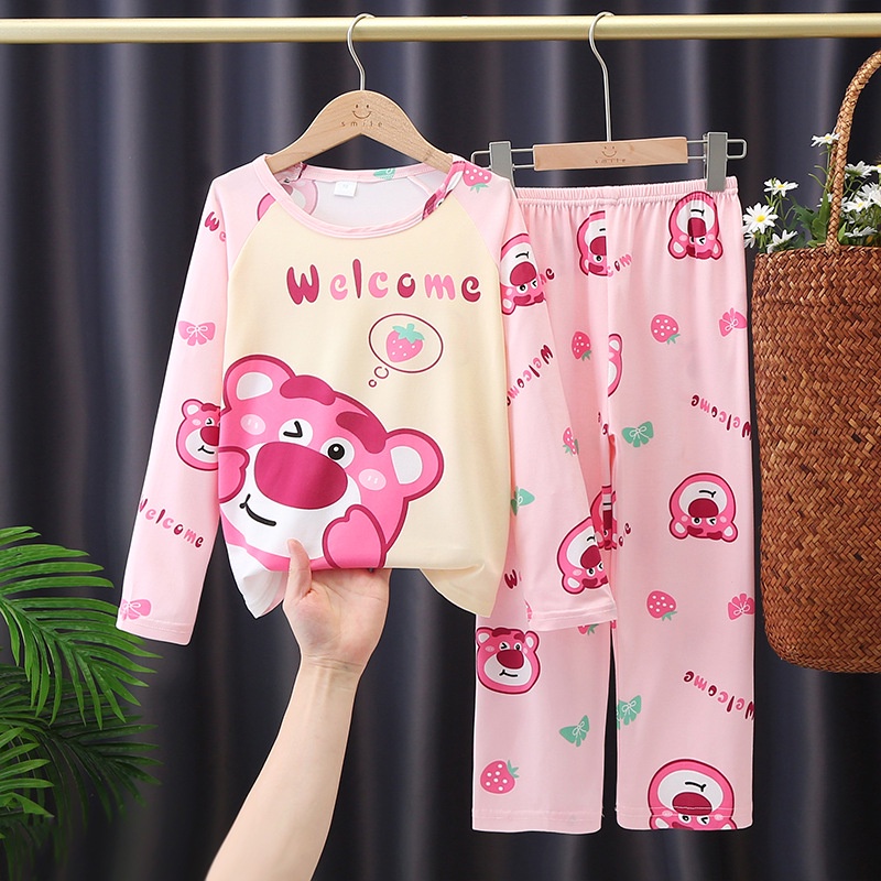 Bộ Đồ Ngủ Gấu Dâu Lotso Dài Tay In Hoạt Hình Kuromi Đáng Yêu Pijama Cho Bé Gái