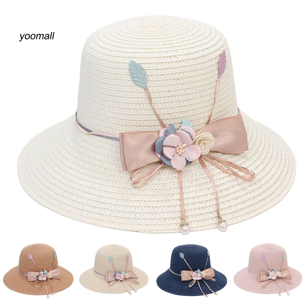 Nón Cối Rộng Vành Phối Nơ Ruy Băng Đính Ngọc Trai Giả Thời Trang Mùa Hè Cho Nữ