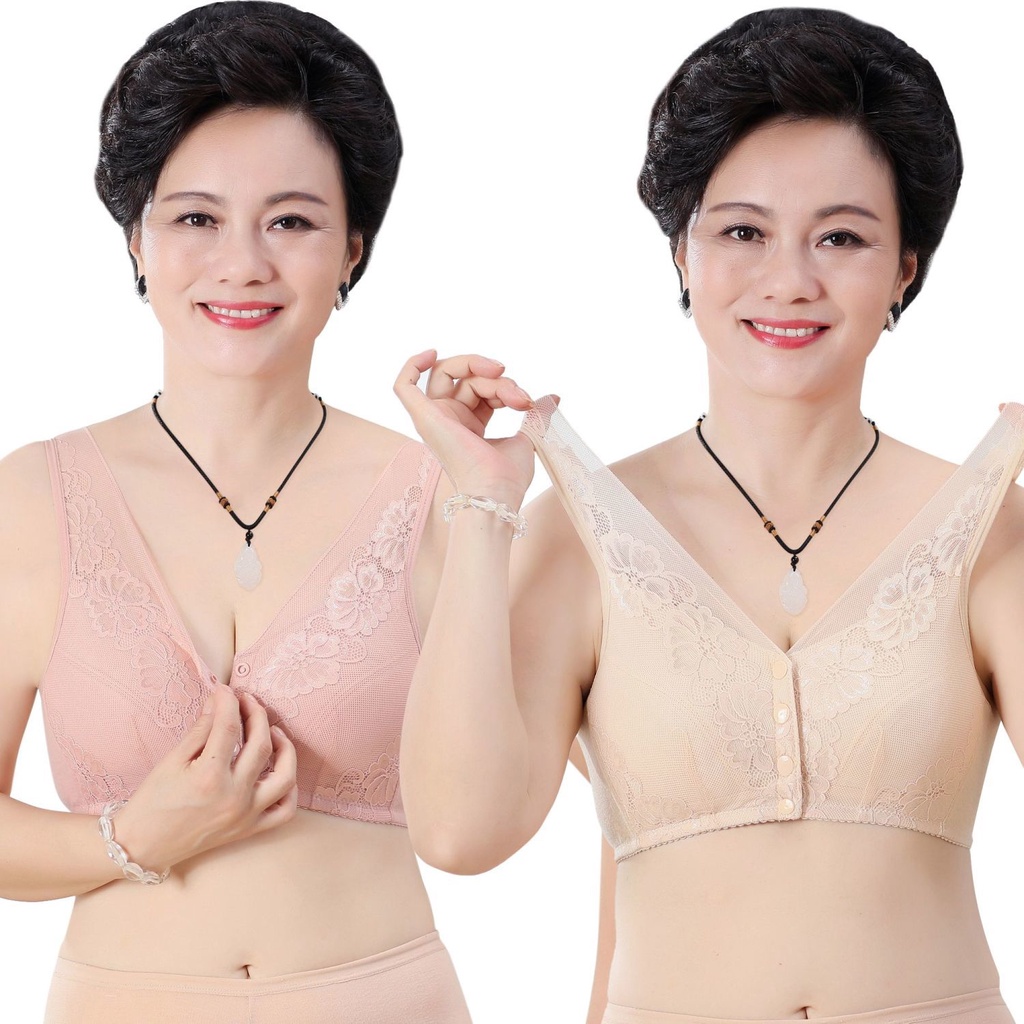 Áo Ngực Cài Nút Trước Không Gọng Thép Phối Ren Thoải Mái Cho Phụ Nữ Trung Niên