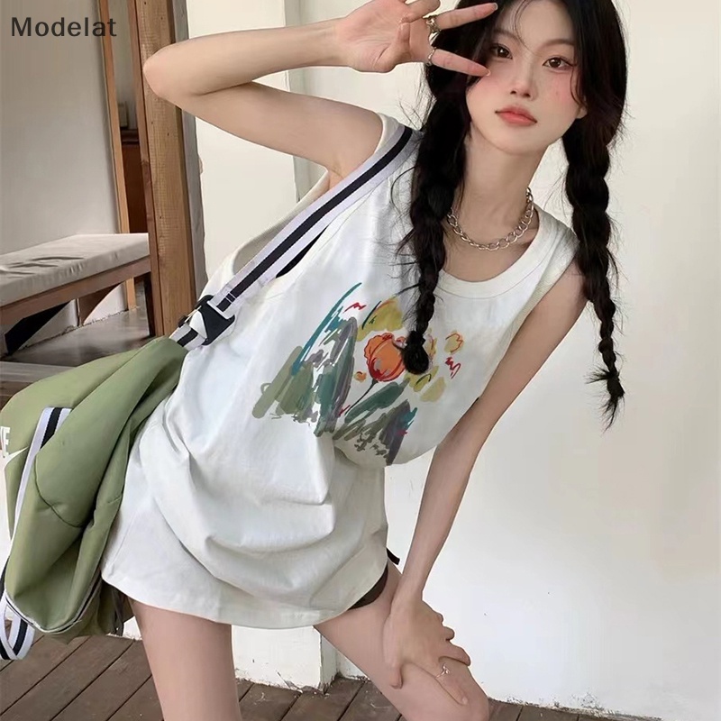 Áo Sát Nách Cổ Tròn Dáng Rộng In Họa Tiết Kiểu Retro Mỹ Thời Trang Mùa Hè Cho Bạn Gái