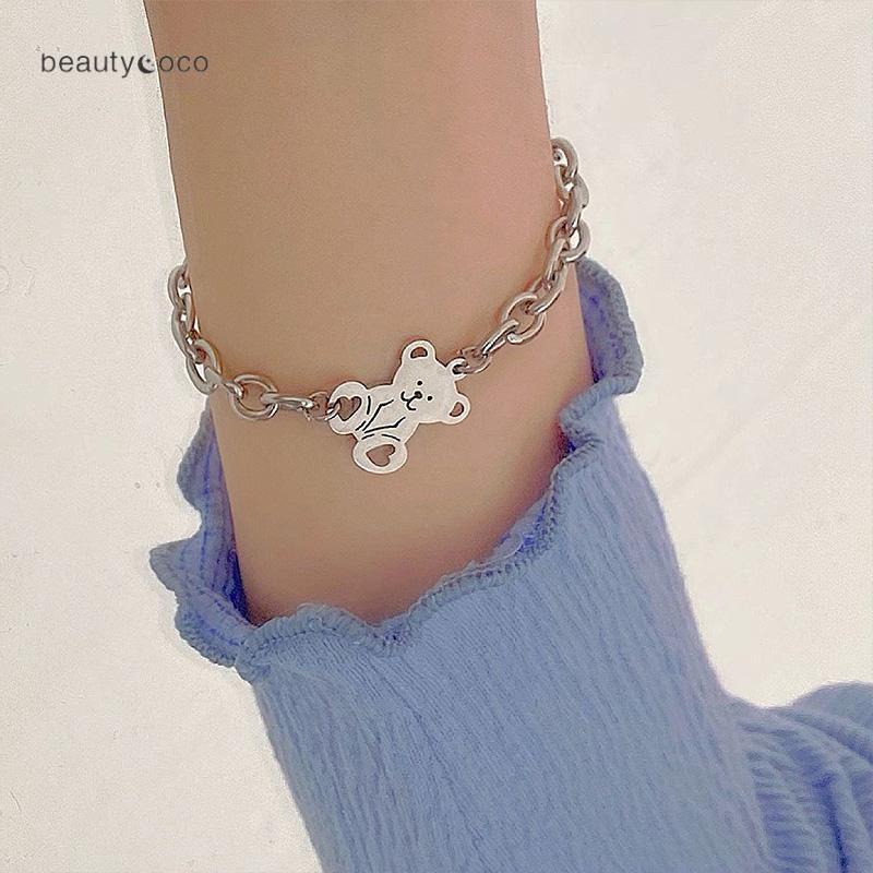Beautycoco🍊Vòng Tay Thép Titan Màu Bạc Hình Gấu Dễ Thương Thời Trang Cho Nữ