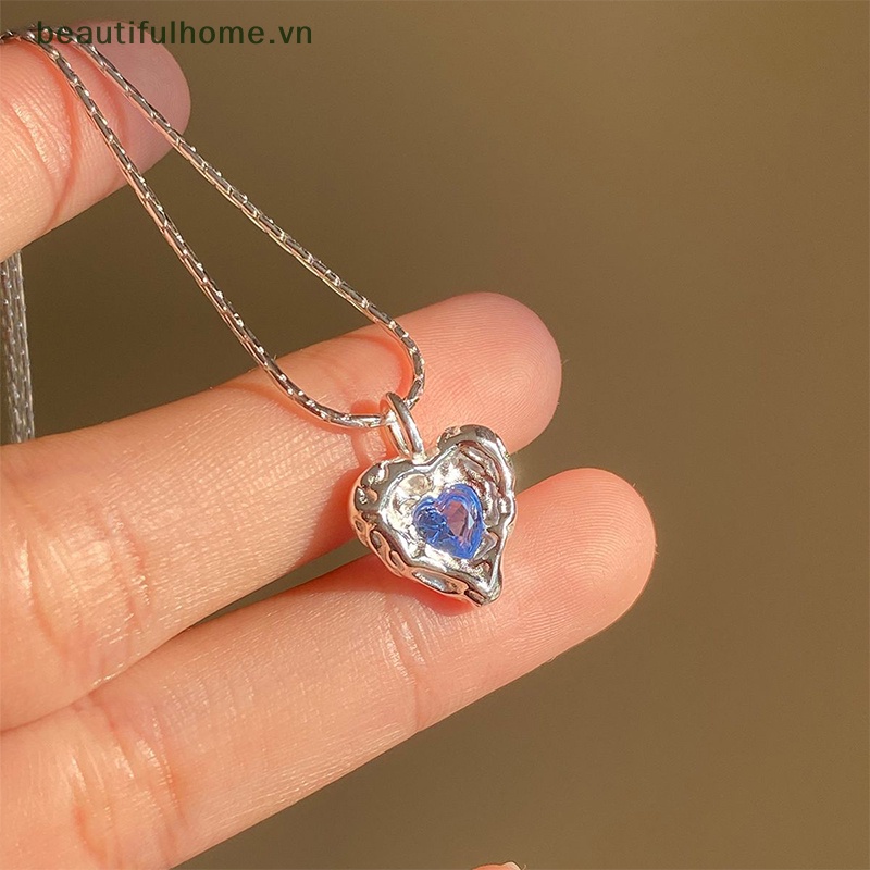 Vòng cổ Bạc Mặt Trái Tim Đính Pha Lê Xanh Dương Thời Trang Hàn Quốc Cho Nữ