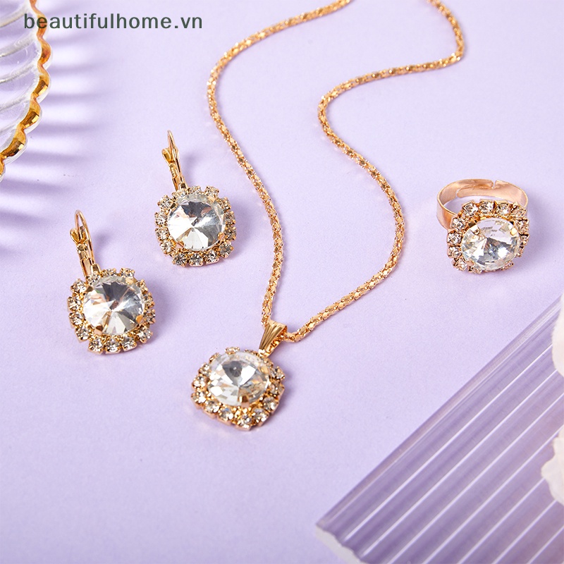 1 Set Vòng cổ + Nhẫn + Bông Tai Pha Lê Tròn Nhiều Màu Thời Trang Hàn Quốc Cho Nữ