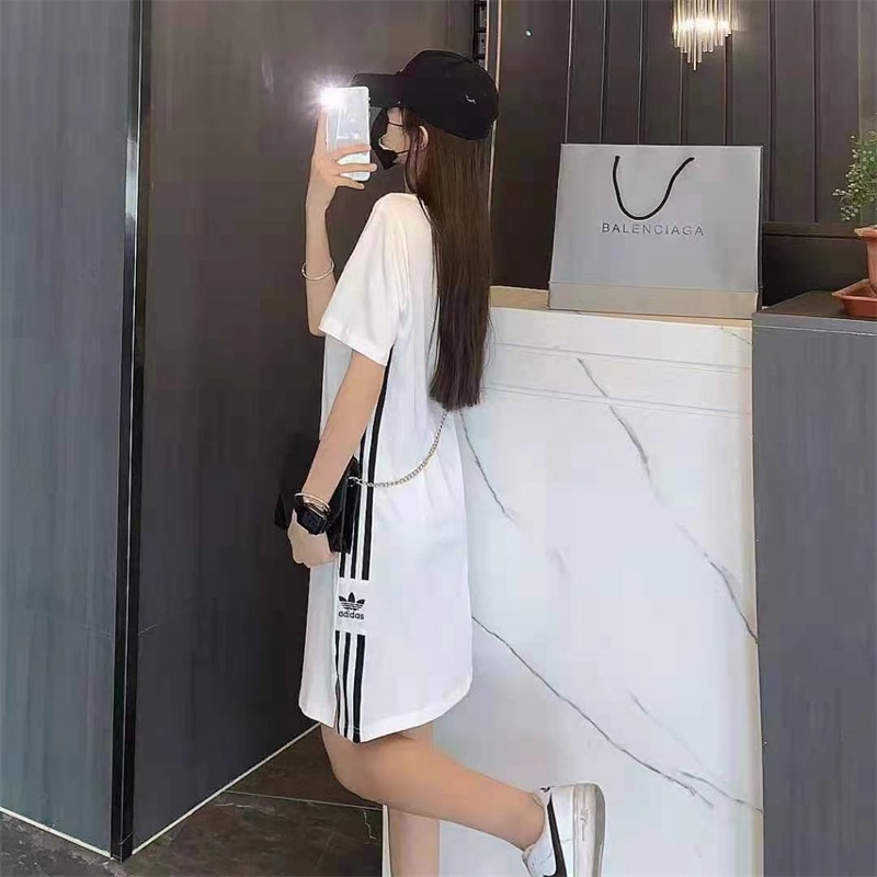 Đầm Maxi Cổ Tròn Thêu Logo Adidas Chất Liệu 100% Cotton Thời Trang Cho Nữ
