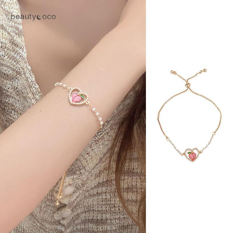 Beautycoco🍊Vòng đeo tay Ngọc Trai Hình Trái Tim Phong Cách Mới 2023,Vòng Tay Hình quả đào Đính Ngọc Trai