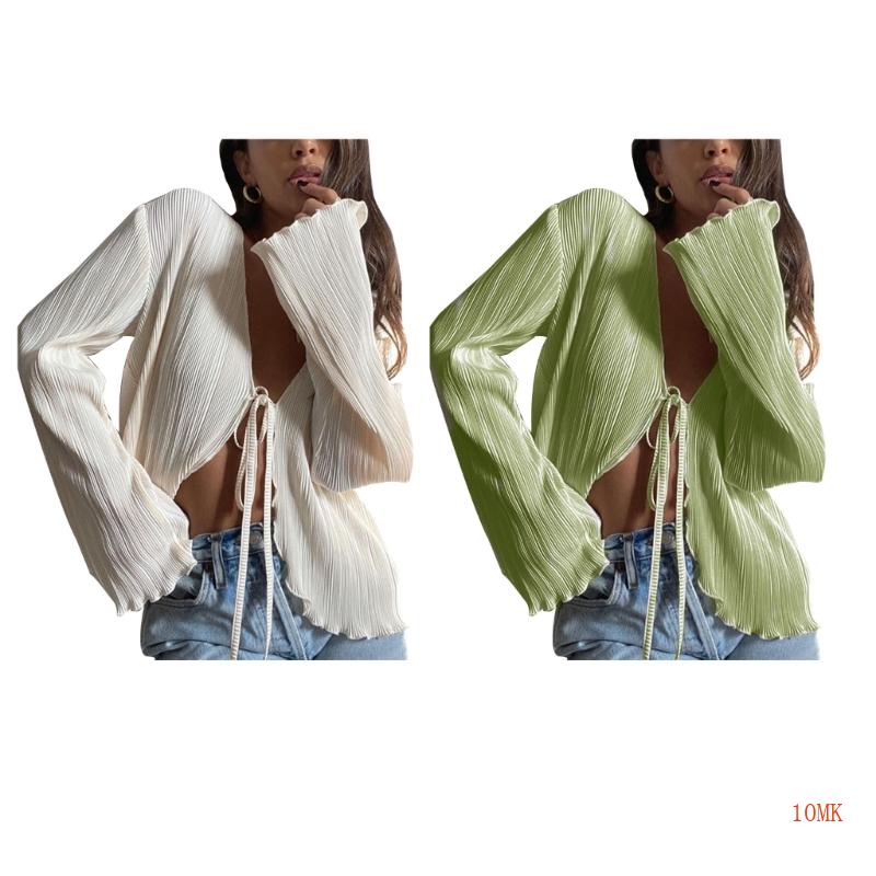 Xiangbao Áo Khoác Cardigan Trơn Tay Loe Dài Xếp Ly Cổ Chữ V Mở Phía Trước Tự Cột Dây Kiểu Pháp Thời Trang Mùa Hè