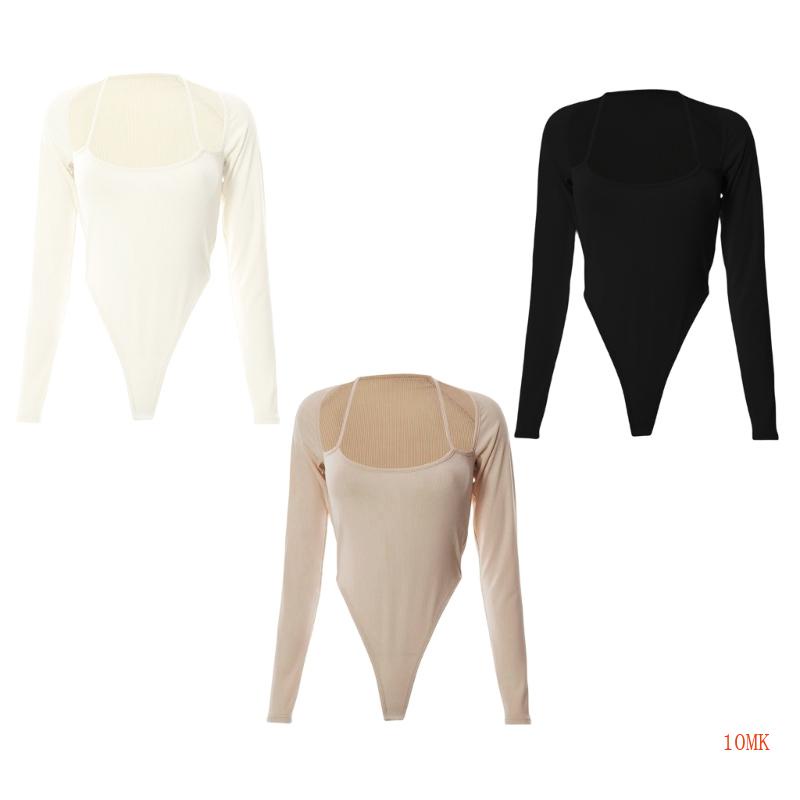 Xiangbao Áo Liền Quần Dài Tay Cổ Vuông Ôm Dáng Màu Trơn Cho Nữ