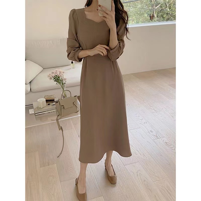 Đầm Tay Dài Cổ Vuông Chiết Eo Kiểu retro Pháp Thời Trang Mùa Thu Thanh Lịch