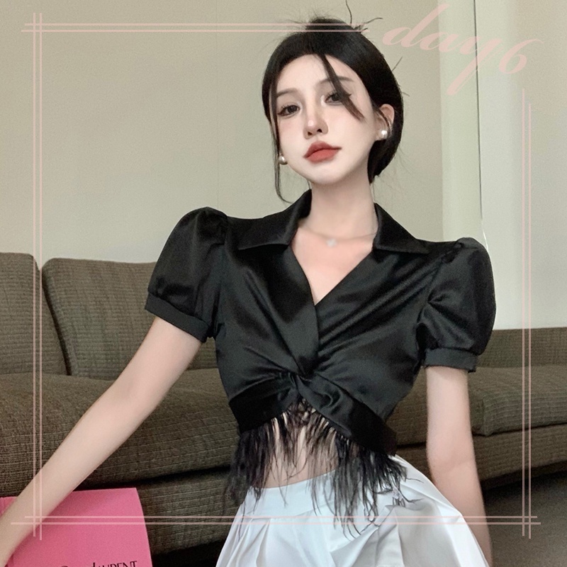 Áo Croptop Tay Ngắn Chất Satin Phối Tua Rua Thời Trang Cho Nữ