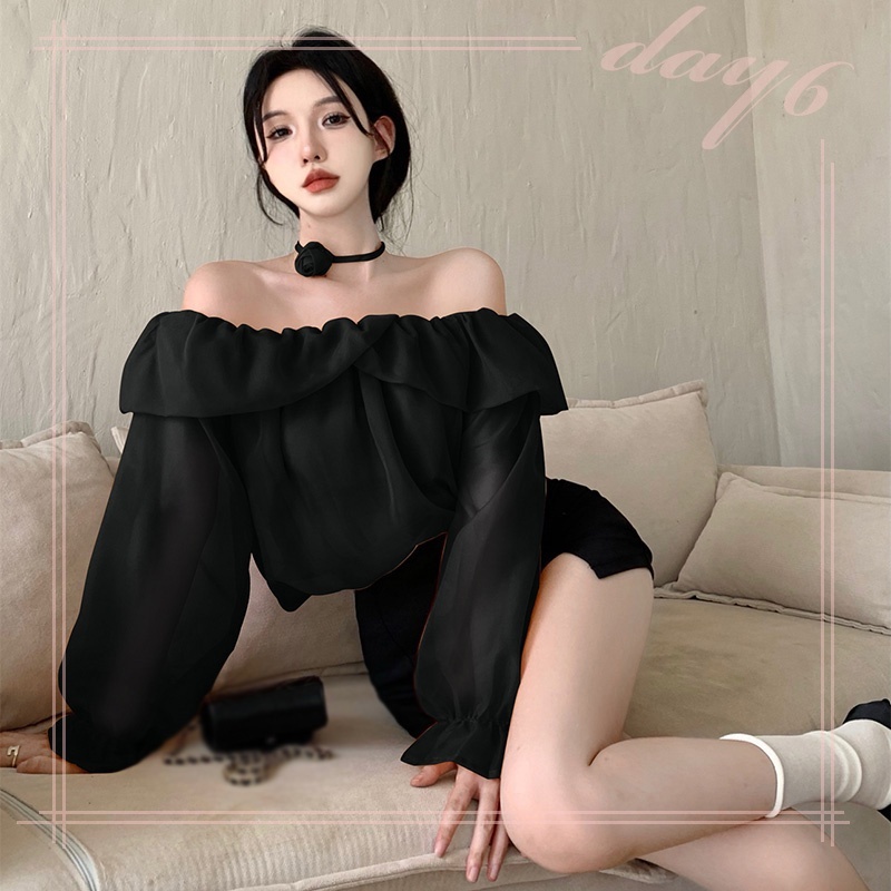 Áo Sơ Mi Chiffon Tay Dài Trễ Vai Dáng Ôm In Họa Tiết Hoa Xinh Xắn Thời Trang Cho Nữ