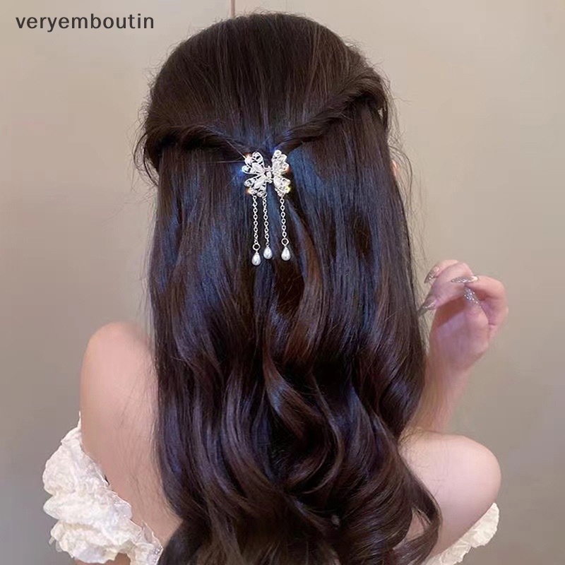 Kẹp Tóc Hình Bướm Đính Đá Ngọc Trai Phối Dây Tua Rua Thời Trang Cho Nữ