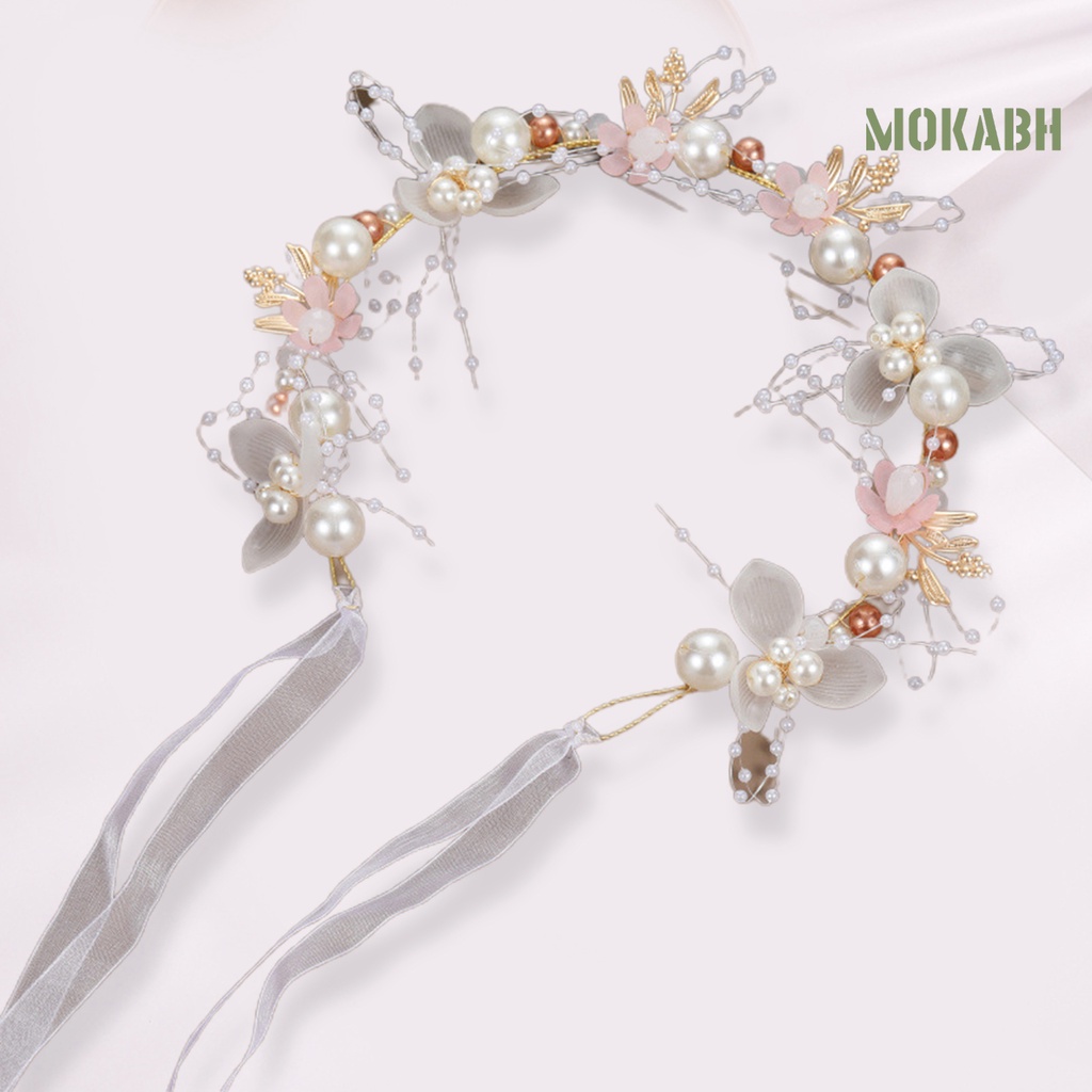 Băng Đô Đính Hoa Ngọc Trai Giả Thắt Nơ Ruy Băng Lãng Mạn Có Thể Điều Chỉnh Trang Trí Tóc Cho Bé Gái