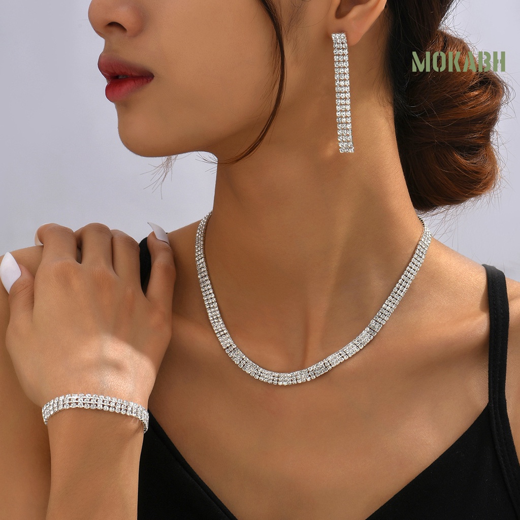 1 Bộ Vòng cổ + Bông Tai + Vòng Tay Đính Đá Lấp Lánh Tùy Chỉnh Sang Trọng Thời Trang Cho Nữ
