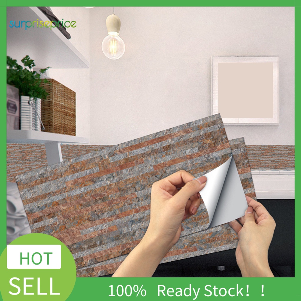 Bộ 6 Miếng Dán Tường Trang Trí Tự Dính Họa Tiết Kẻ Sọc 3D Màu Đỏ Xám Cho Phòng Ngủ