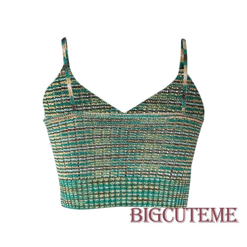 [] - Áo Croptop Dệt Kim Hai Dây Có Đệm Co Giãn Cổ Chữ V Kẻ Sọc Nhiều Màu Mùa Hè Cho Nữ Đi Câu Lạc Bộ Đường Phố