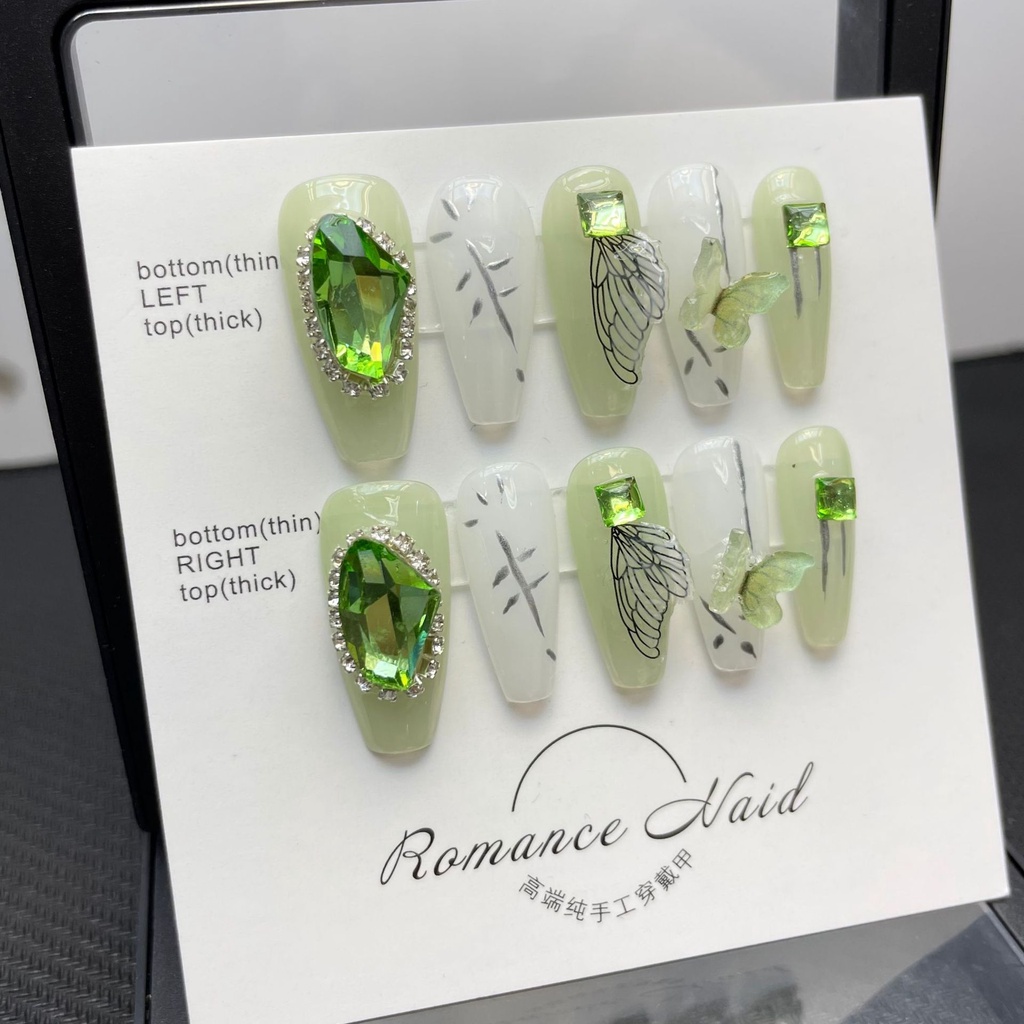 [HANDMADE] Móng Tay Giả Kim Cương Xanh Lá Hình Cánh Bướm Có Thể Tái Sử Dụng Và Tháo Rời