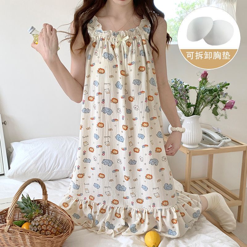 Bộ Đồ Ngủ Cotton Mỏng Màu Trơn Phong Cách Công Chúa Mùa Hè Hàn Quốc