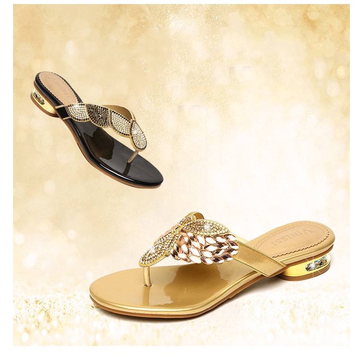 Dép Da Đế Bằng Đính Đá Trang Trí Sang Trọng Thời Trang Cho Nữ Size 35-41