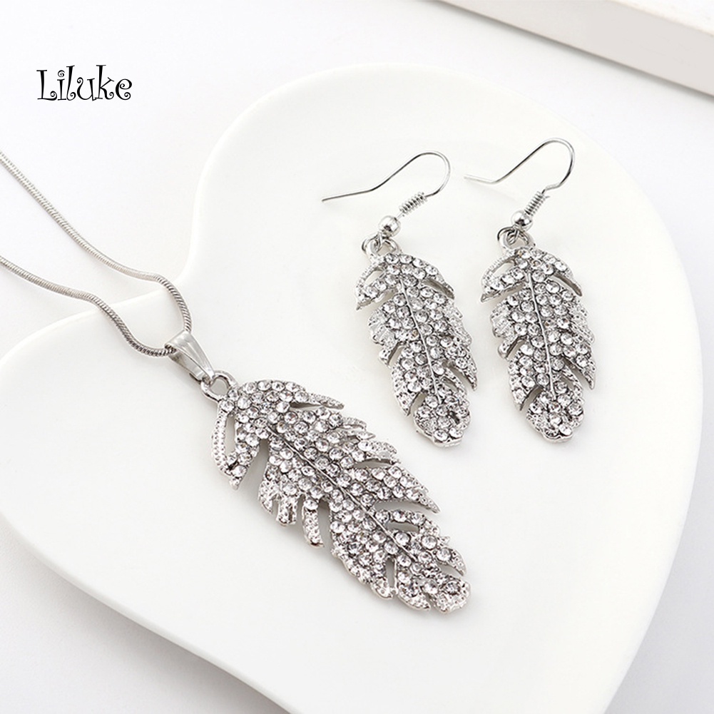 Bộ Vòng cổ + Đôi Khuyên Tai HìNh Lá ĐíNh Kim Cương Giả ThờI Trang Cho Nữ