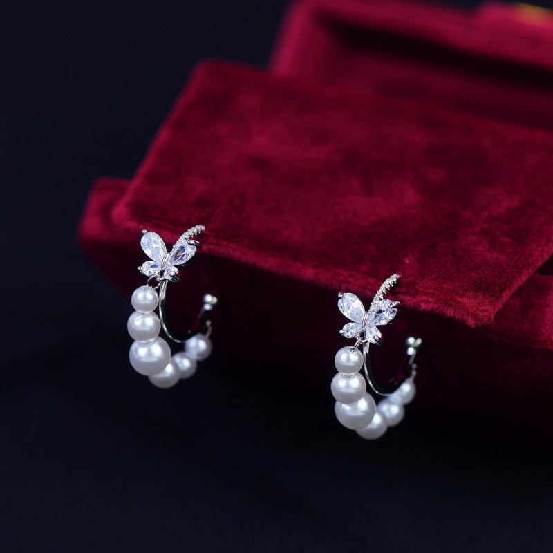 Bông Tai Hình Bướm Đính Ngọc Trai Nhân Tạo Thời Trang Hàn Quốc