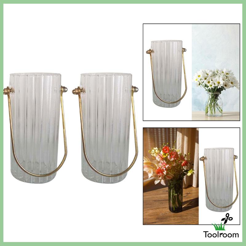 Bình Hoa Thủy Tinh Trong Suốt Hình Trụ Với Tay Cầm Kim Loại