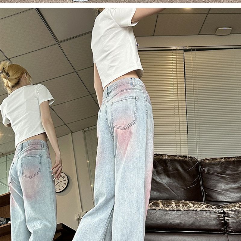 Quần Jean Dài Ống Rộng Màu Sắc Tương Phản Graffiti Mỹ Thời Trang Mùa Hè Cho Nữ