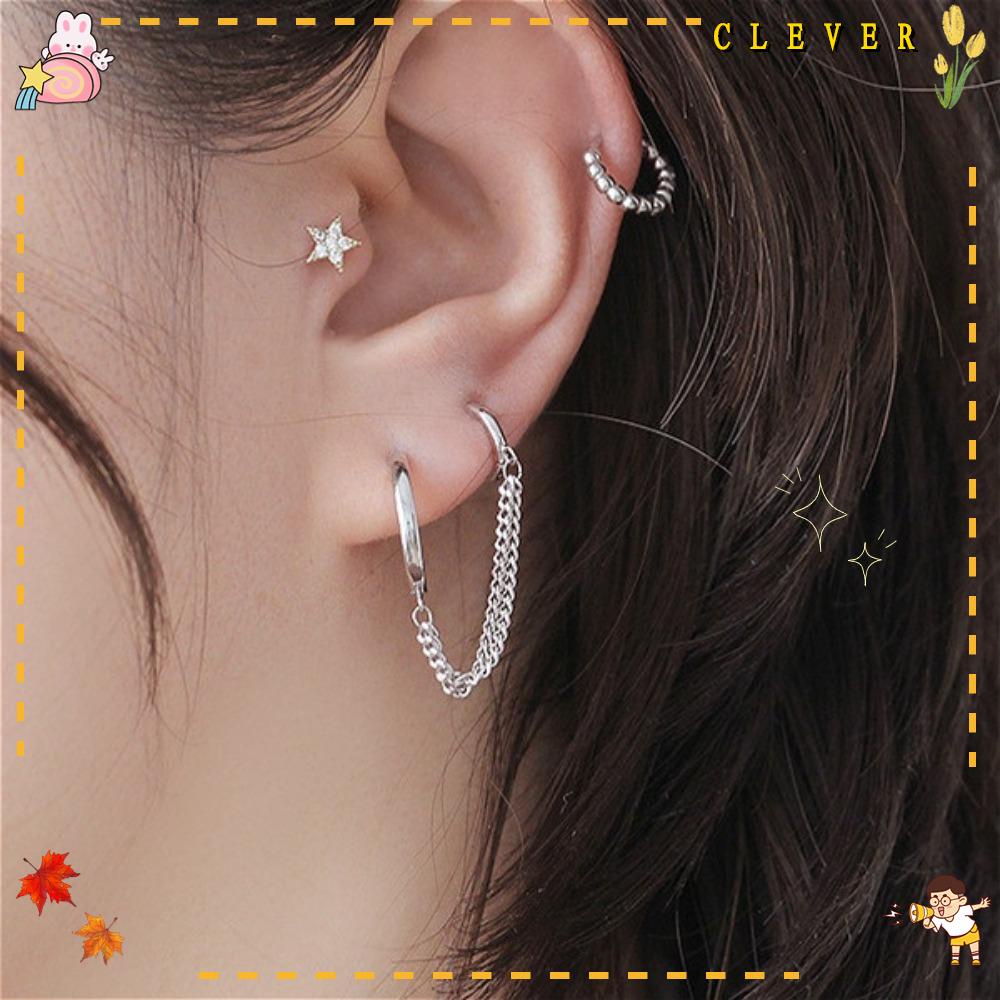 Bộ 6 Khuyên Tai Chuỗi Xích Hai Lỗ|Nhẫn Đính Đá Zircon Sang Trọng