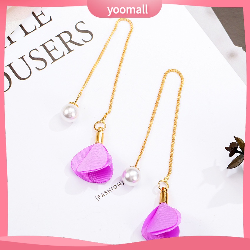 Bông Tai Dáng Dài Hình Hoa Hồng Đính Ngọc Trai Thanh Lịch Thời Trang Cho Nữ