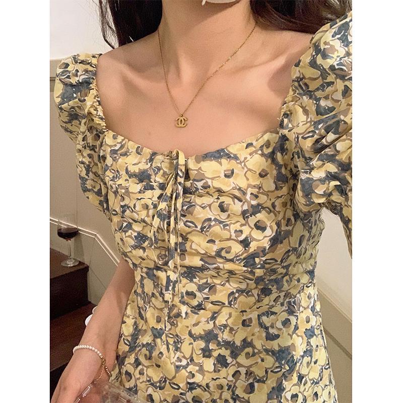 Đầm Hoa Ngắn Tay Cổ Vuông Thời Trang Dành Cho Nữ