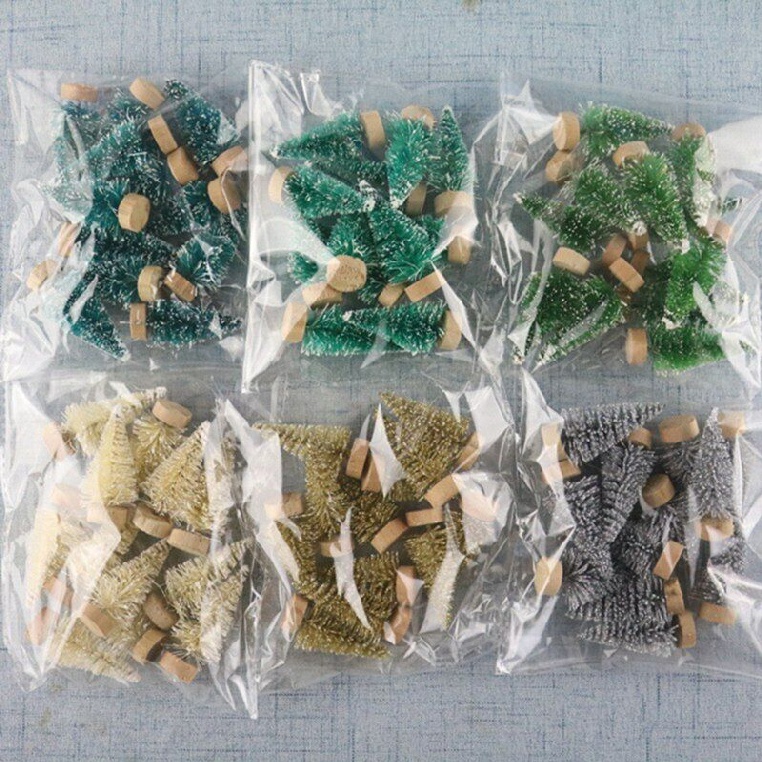 New 12pcs Small Christmas Fake Pine Tree 4.2cm Mini Sisal Bottle Brush Snow Frost Tree